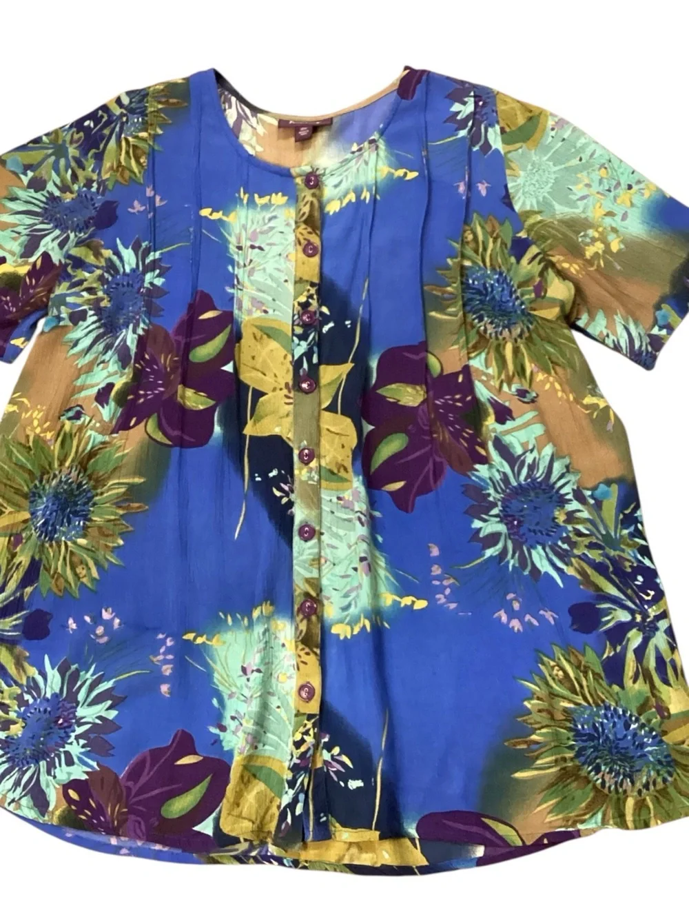 Roaman’s 14W Blue Floral Rayon Blouse Boho Artsy Button Front Top‎ Crinkle Gauze